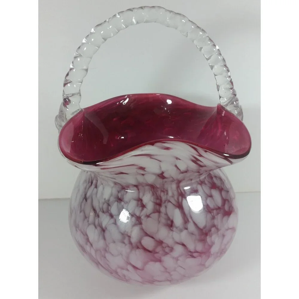 Vintage Pink Glass Basket 9in Vase Braided Handle Planter Trinkets Bride Basket
